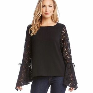 New Karen Kane Crepe Blouse Top Tie Lace Bell Sleeve XL Black Whimsigoth Feminin